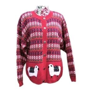 Vintage Northern Isles Red Fair Isles Sheep Cardigan Sweater Women L Knit Animal